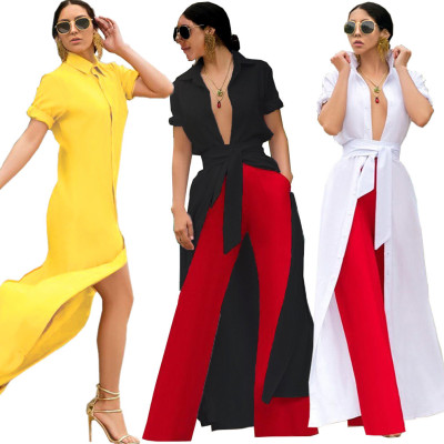 Newest Pure Color Long Shirt Split Dress With Belt DN8273