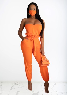 Sexy Solid Color Strapless Backless Belt Lace-Up Jumpsuit (without mask) W891