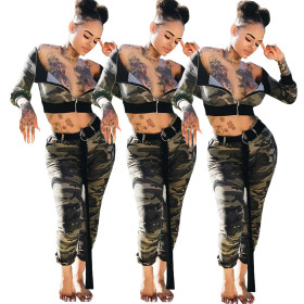 Trendy Camouflage Off Shoulder Zipper Top Tight Pants SDD9031