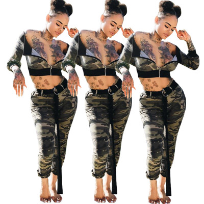 Trendy Camouflage Off Shoulder Zipper Top Tight Pants SDD9031
