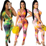 Hot Sell Snake Printing U Collar Tight Jumpsuit With Belt HM5238