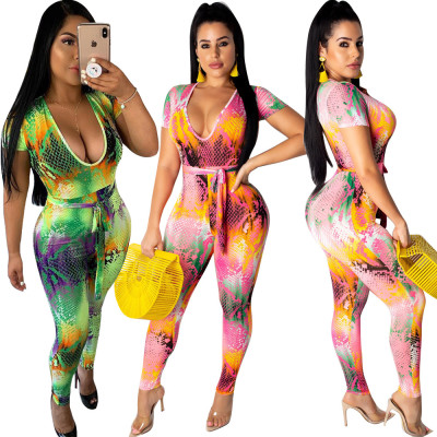 Hot Sell Snake Printing U Collar Tight Jumpsuit With Belt HM5238
