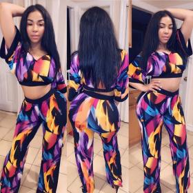 Newest Sets Loose Sleeve Crop Top Printing Wide Leg Pants ZH5083