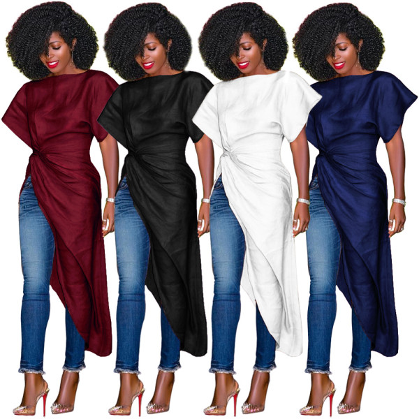 Latest Irregular Mature Women Pure Color Long Top GL6096