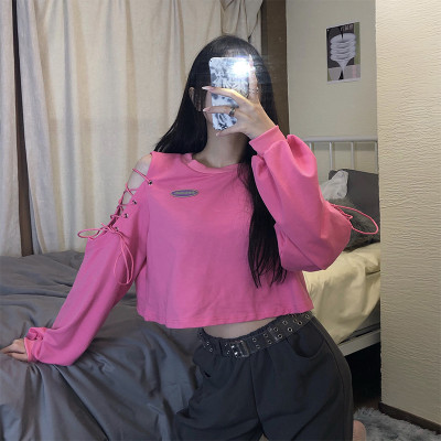 Fashion Round Neck Strapless Strappy Long Sleeves Cropped T-Shirt LQ4645V0G