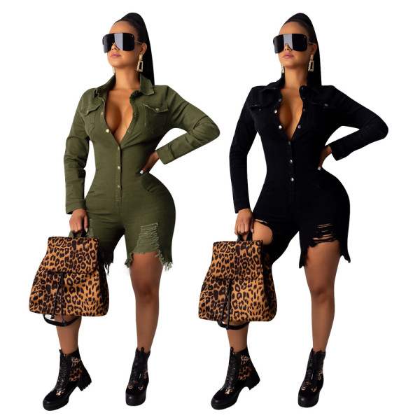 Black/Green Button Down Acid?Washes Ripped Short Jumpsuit W8224