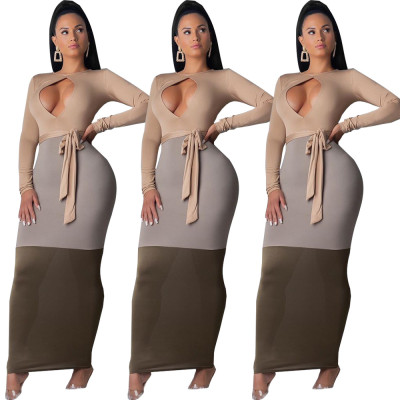 Leisure Color Block Bodycon Ankle Length Dress With Belt HG5273