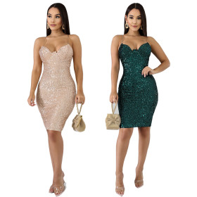 Autumn Winter Sequin Bodycon Split Club Strappy Dress JLX8916