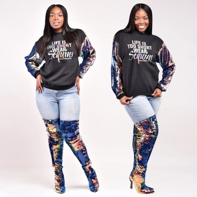 Hot Sequin Patchwork Loose Hoodie For Daily Wear ALS048