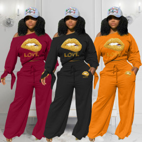 Casual Lips Printed Round Neck Long Sleeves Sweater With Wide Leg Pants Two Piece Set ZH5273