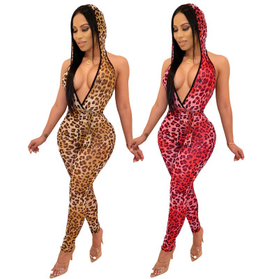 Fashion leopard print halter hooded jumpsuit ML7262