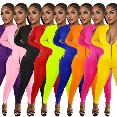 Solid color long sleeve finger zipper jumpsuit MA6585