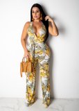 Hot Sleeveless Printing V Collar Straight Jumpsuit With Belt LMM8060