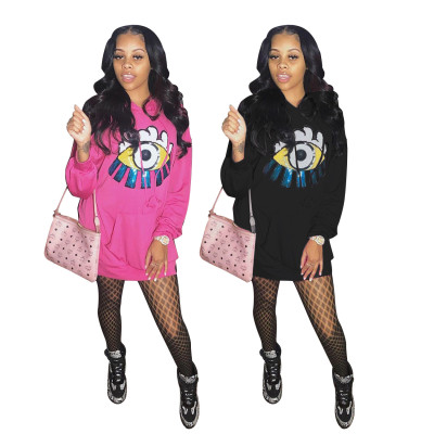 Fashion Sequin Eyes Pattern Long Sleeve Hooded Dress BS1158