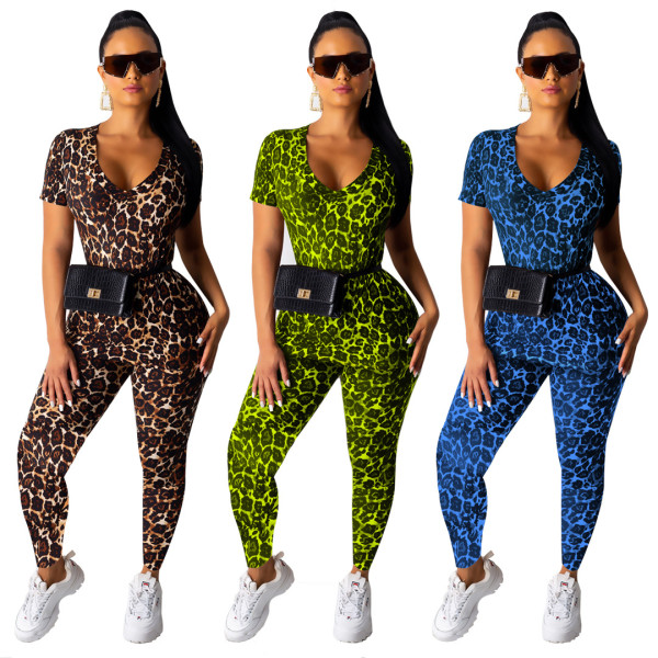 Leopard Print Hot Outfits Short Sleeves T Shirt Slinky Pants SY8380