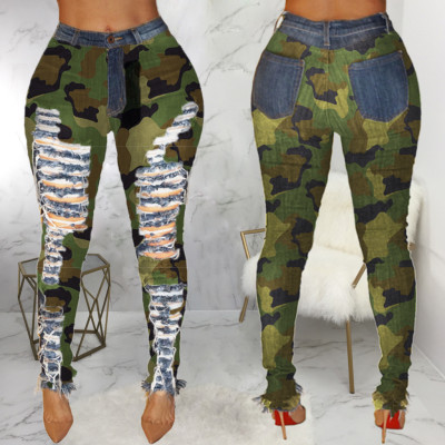Sexy personality, hole, high waist, tights, hem, camouflage HSF2096