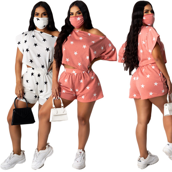 Ladies star print T-shirt set with pockets YY5193