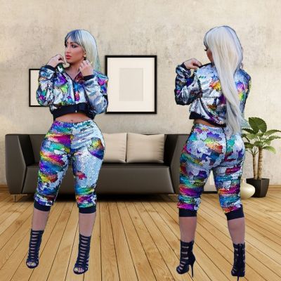 Eye-Catching Sequin Outfits Zipper Coat 3/4 Length Pants YS212