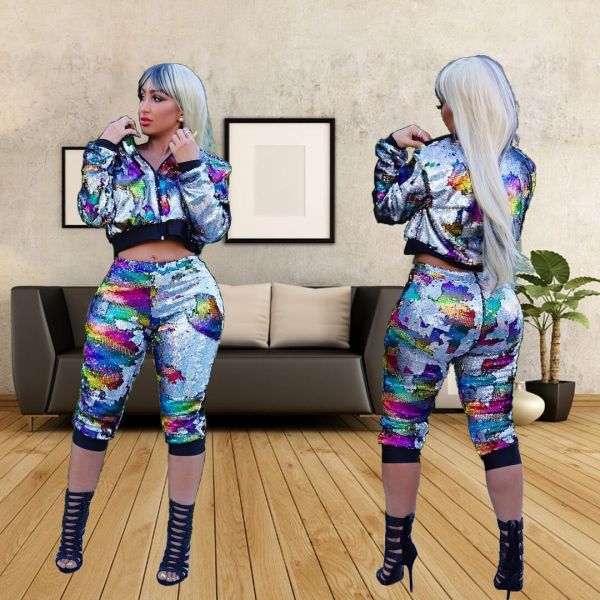 Eye-Catching Sequin Outfits Zipper Coat 3/4 Length Pants YS212