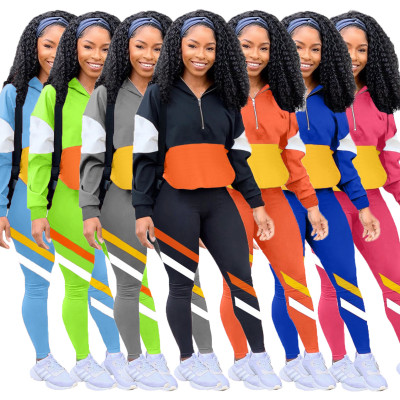 Casual Contrast Stitching Zipper Long Sleeves Sweater With Trousers Two Piece Set LM8189