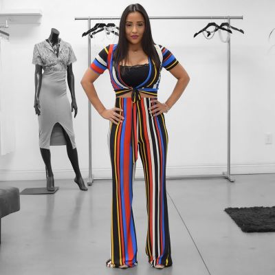 Short Sleeve Bandage Top Wide Leg Pants Colorful Stipe Suits S690