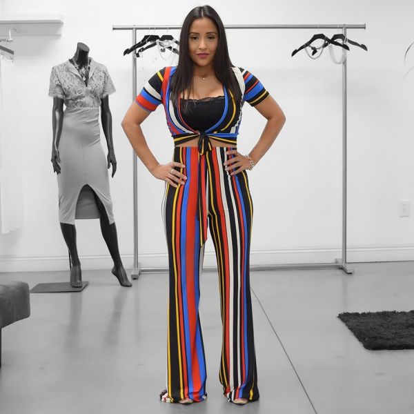 Short Sleeve Bandage Top Wide Leg Pants Colorful Stipe Suits S690