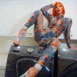 Fashion Tie Dye Printed Round Neck Long Sleeve Bodycon Jumpsuit P1738544