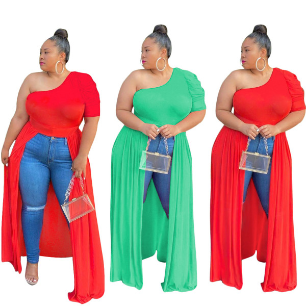 Sexy Solid Color One Shoulder Short Sleeves Plus Size Split Long Dress ONY5044