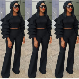 Mature Women Suits Ruffle Top Straight Trousers OMY5053