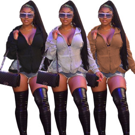 Autumn Solid Color Hollow Out Long Sleeves Hooded Jacket Q703