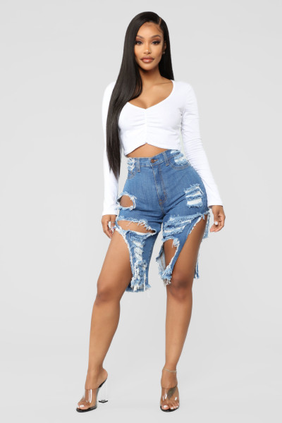 Before and after the hole high waist split sexy stretch jeans pants HSF2068