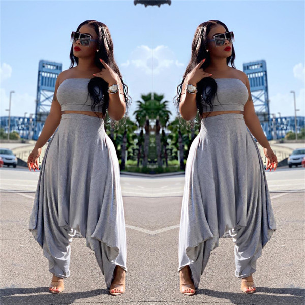 Bandeau Top Harem Pants Plain Color 2 Pieces Leisure Suits LS6299