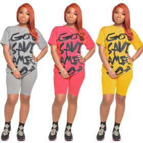 Casual fashion solid color printed slim-fit trousers two-piece nightclub clothes K3018