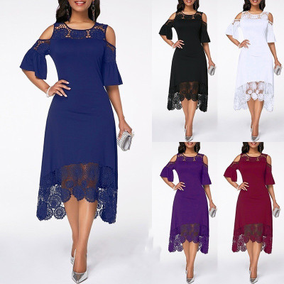 Elegant Lace Patchwork Oversize Round Neck Midi Dress AWE8812