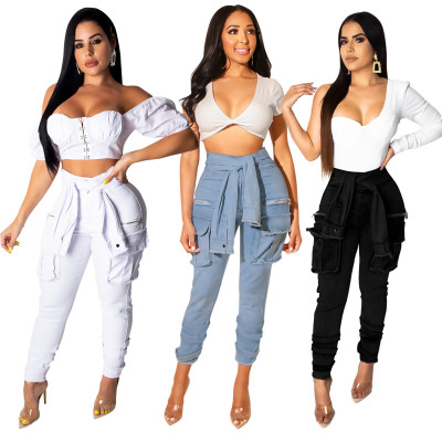 Casual Irregular Pure Color Skinny Pants With Pockets Q255
