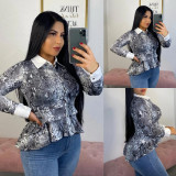 Snake Printing Long Sleeved Clothes New Arrival Ruffle Top ML7259