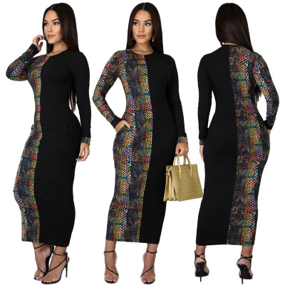 Club Ladies Colorful Snake Print Splicing Long Dress With Pockets GL6217