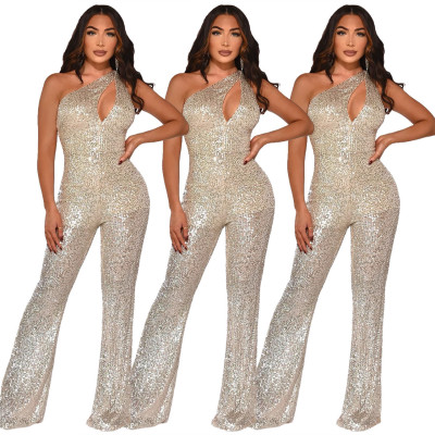 Latest Hollow Out Oblique Shoulder Sequins Wide Leg Jumpsuit Party Q403