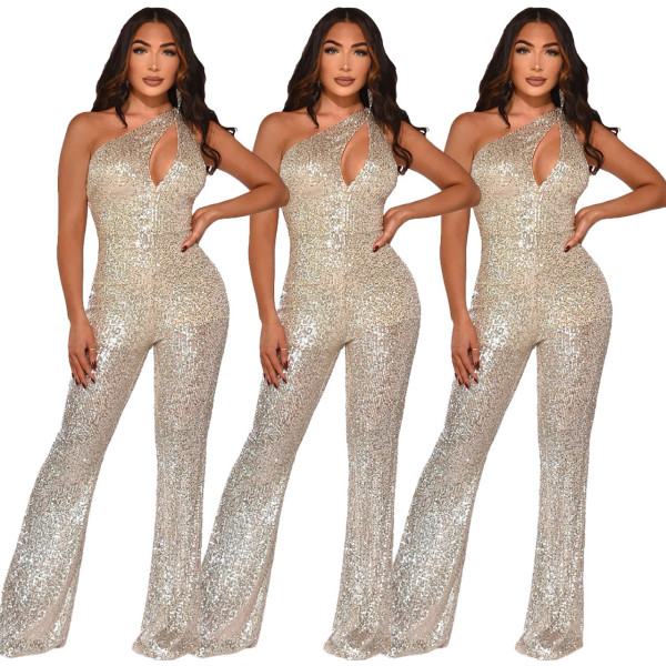 Latest Hollow Out Oblique Shoulder Sequins Wide Leg Jumpsuit Party Q403