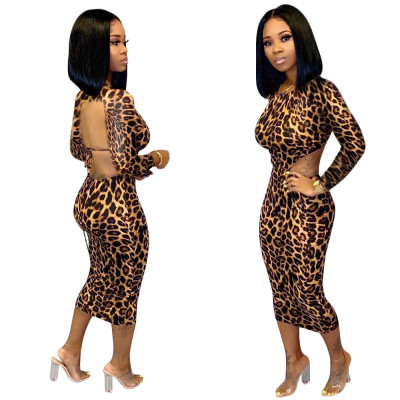 Slim Ladies Backless Leopard Print Long Sleeves Pencil Dress SN3671
