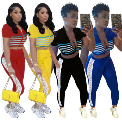 Zipper Stripe Top Bandage Skinny Pants Leisure 2 Pieces Set FA7045
