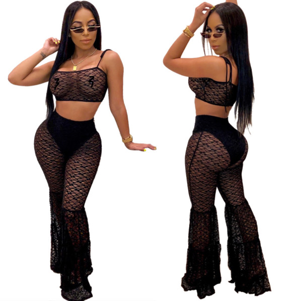 Lace Sexy Perspective Outfits Condole Belt Top Flares Pants QZ4077