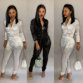 Hot Sell Zipper Shiny Bodycon Jumpsuit For Lady BN9140