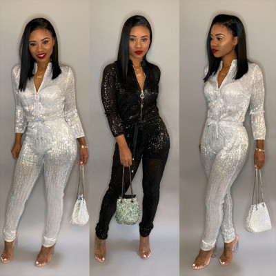 Hot Sell Zipper Shiny Bodycon Jumpsuit For Lady BN9140