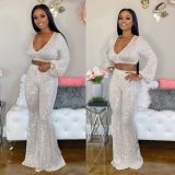 Sequins Hot Suits Bubble Sleeve V Neck Crop Top Wide Leg Pants SN3720