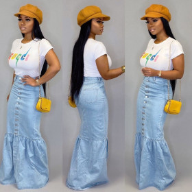 New Design Slim Flower Bud Stitching Denim Long Skirt BN9212