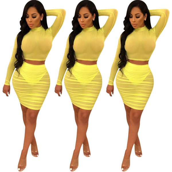 Pure Color Long Sleeve Tops Skinny Skirts Suits ED8074