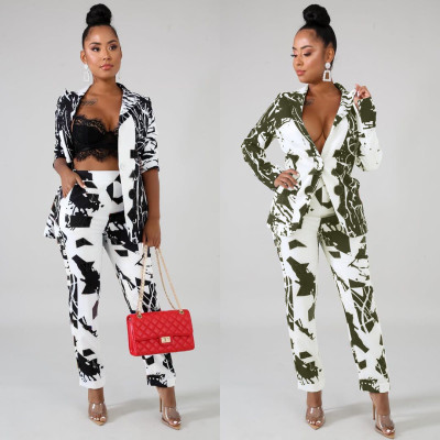 Office Ladies Printing Sets Cardigan Coat Leisure Pants KSN5069