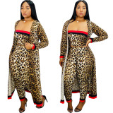 Leopard Print Hot Sets Bandeau Top Slinky Pants Cardigan Long Coat HM5269
