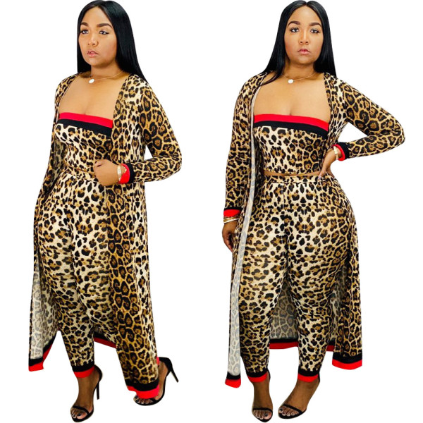 Leopard Print Hot Sets Bandeau Top Slinky Pants Cardigan Long Coat HM5269